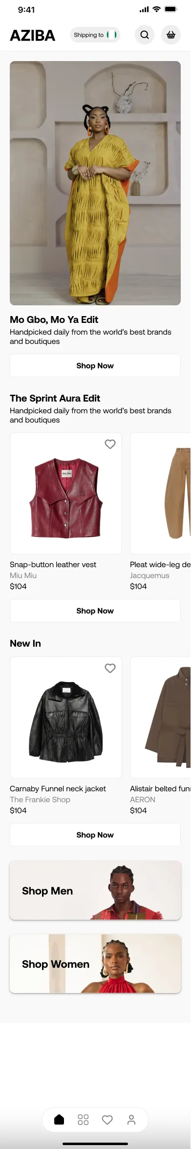 AZIBA mobile home screen with an editorial hero and curated product edits