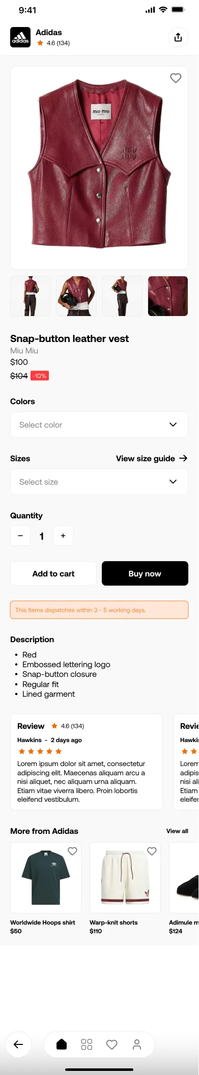 AZIBA mobile product detail screen with variants, size guide, dispatch window and reviews