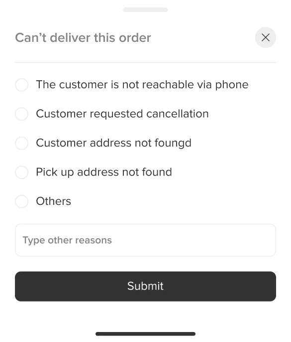 Shippa cannot-deliver screen with reason options