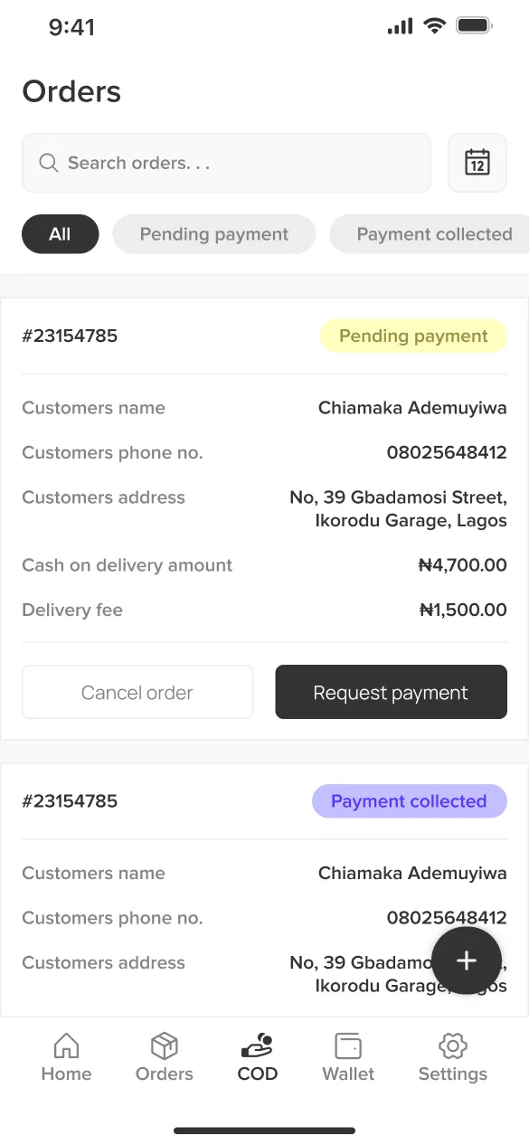 Shippa COD list with pending payment and payment collected states