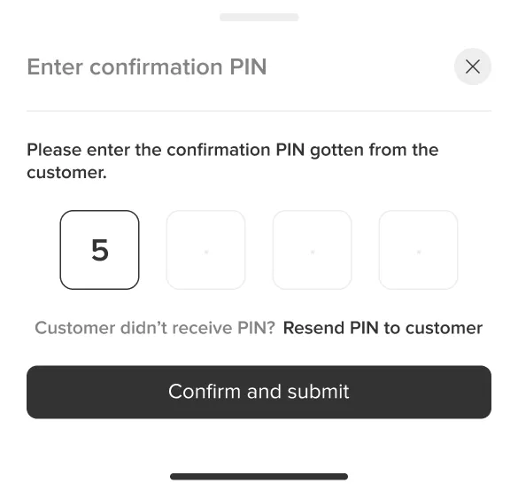 Shippa confirmation PIN entry screen