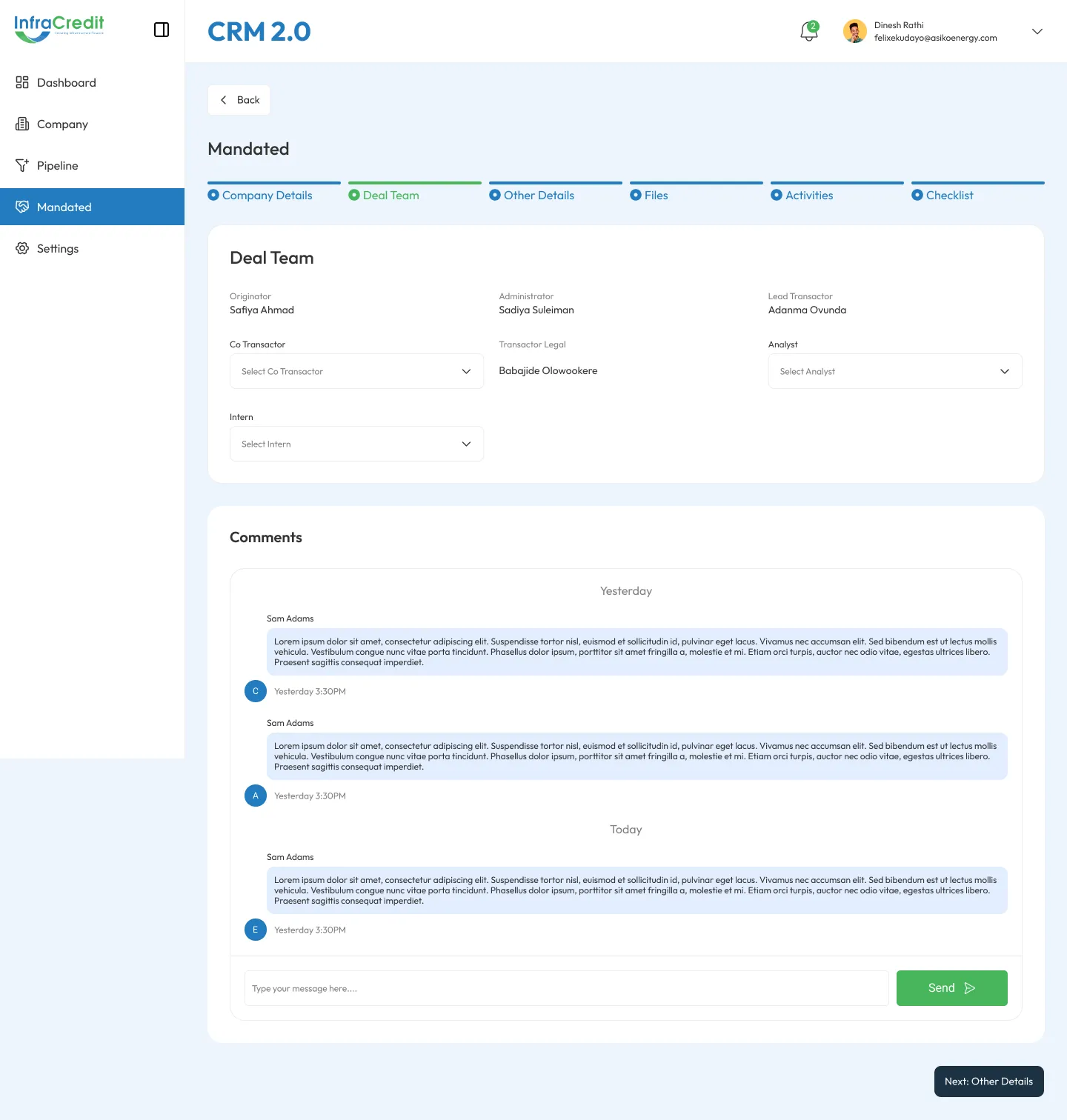 CRM deal team tab with role assignments and an in-record comment thread
