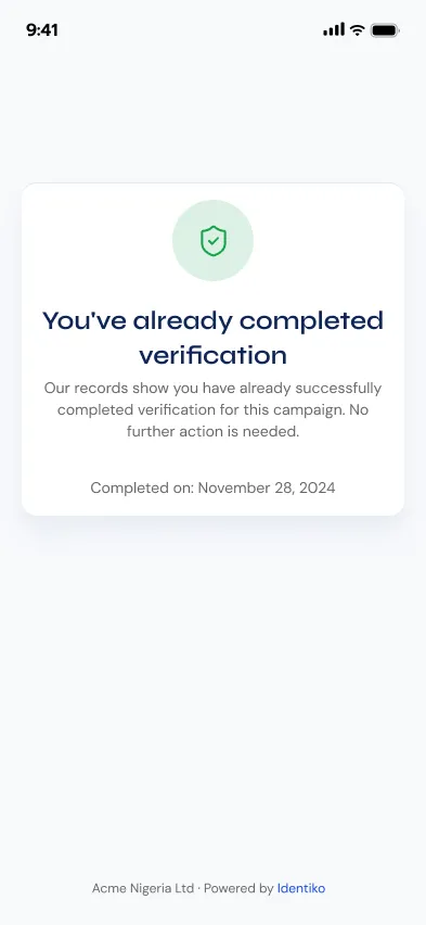 Screen reading 'You've already completed verification'