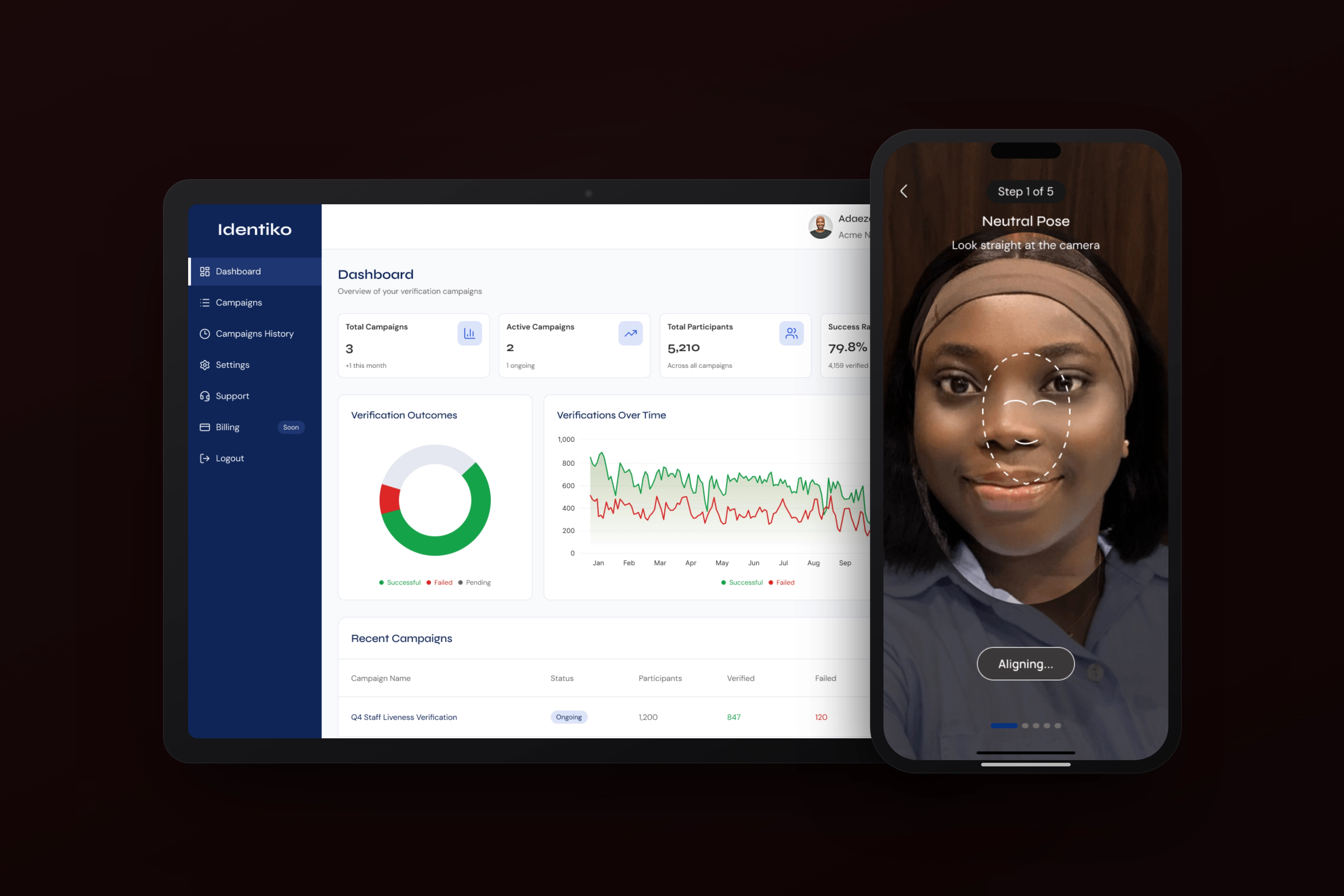 Identity-verification platform shown on a laptop (client dashboard) and phone (no-login face-capture flow)