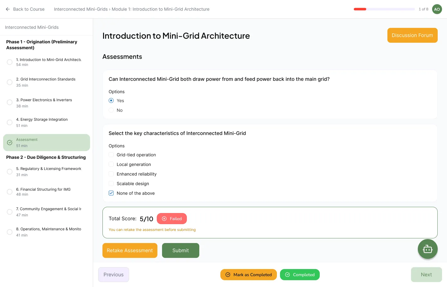 LMS module assessment with scored questions and a pass or fail result