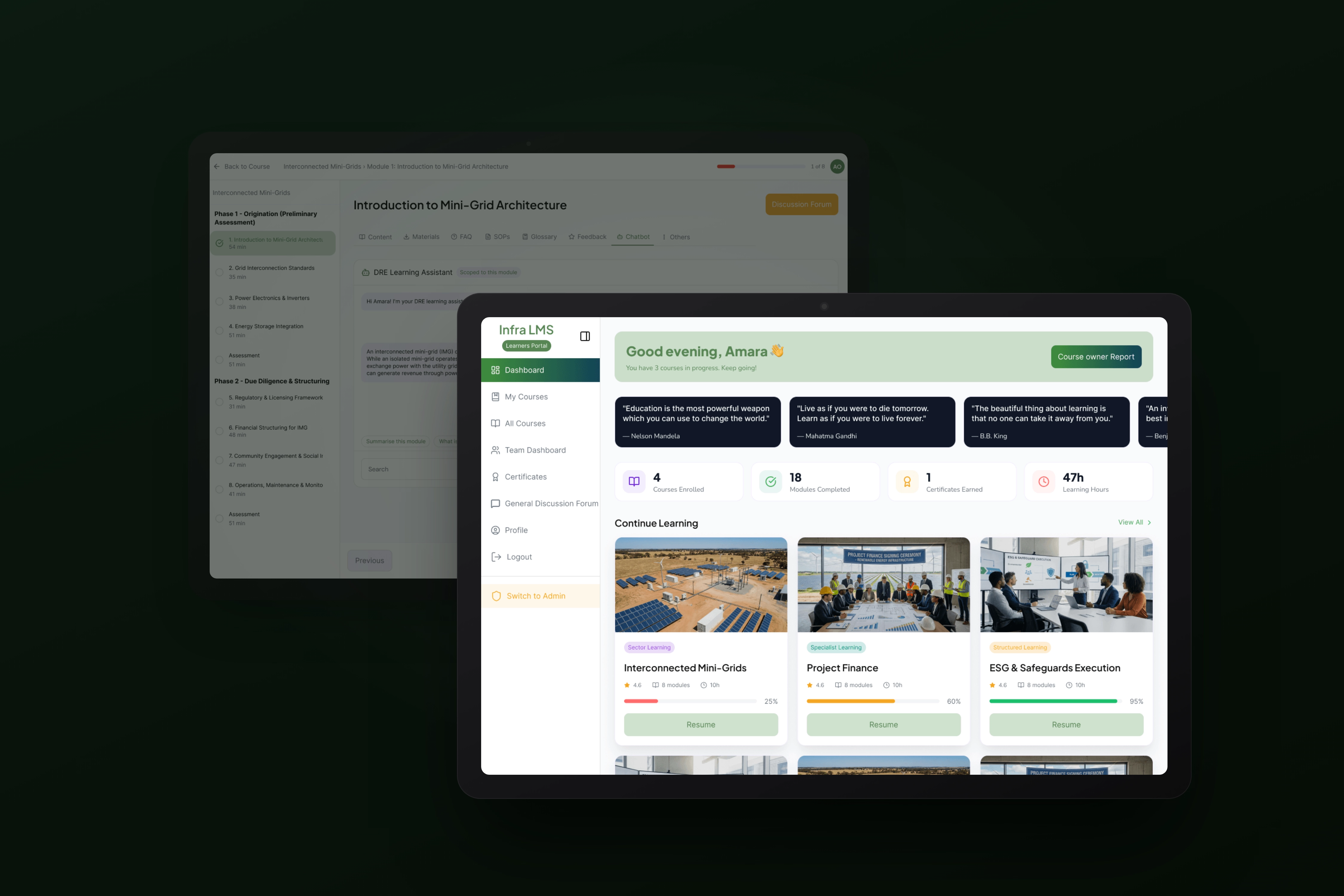 LMS 2.0 shown in two overlapping browser windows: the learner dashboard in front and the module-scoped AI tutor behind