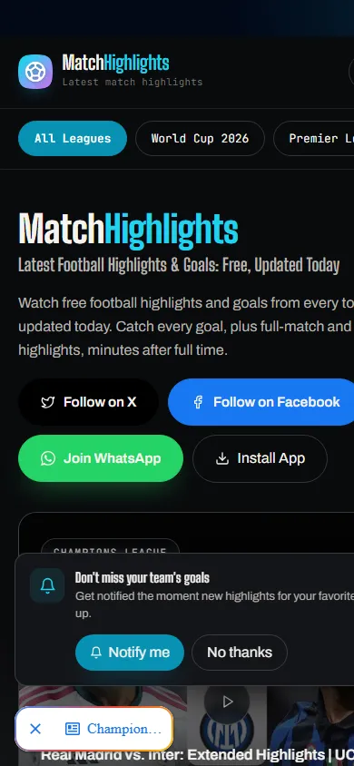 Match Highlights on a phone: the mobile home with league pills and trending highlights