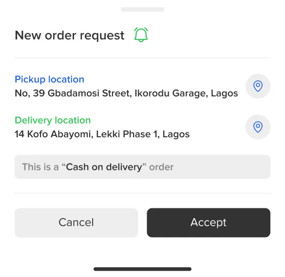 Shippa new order request with pickup and delivery location and a cash-on-delivery flag