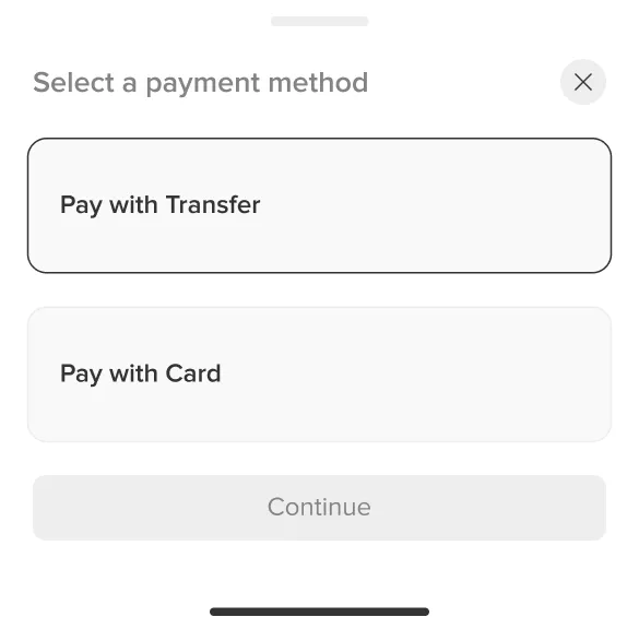 Shippa select payment method screen, transfer or card