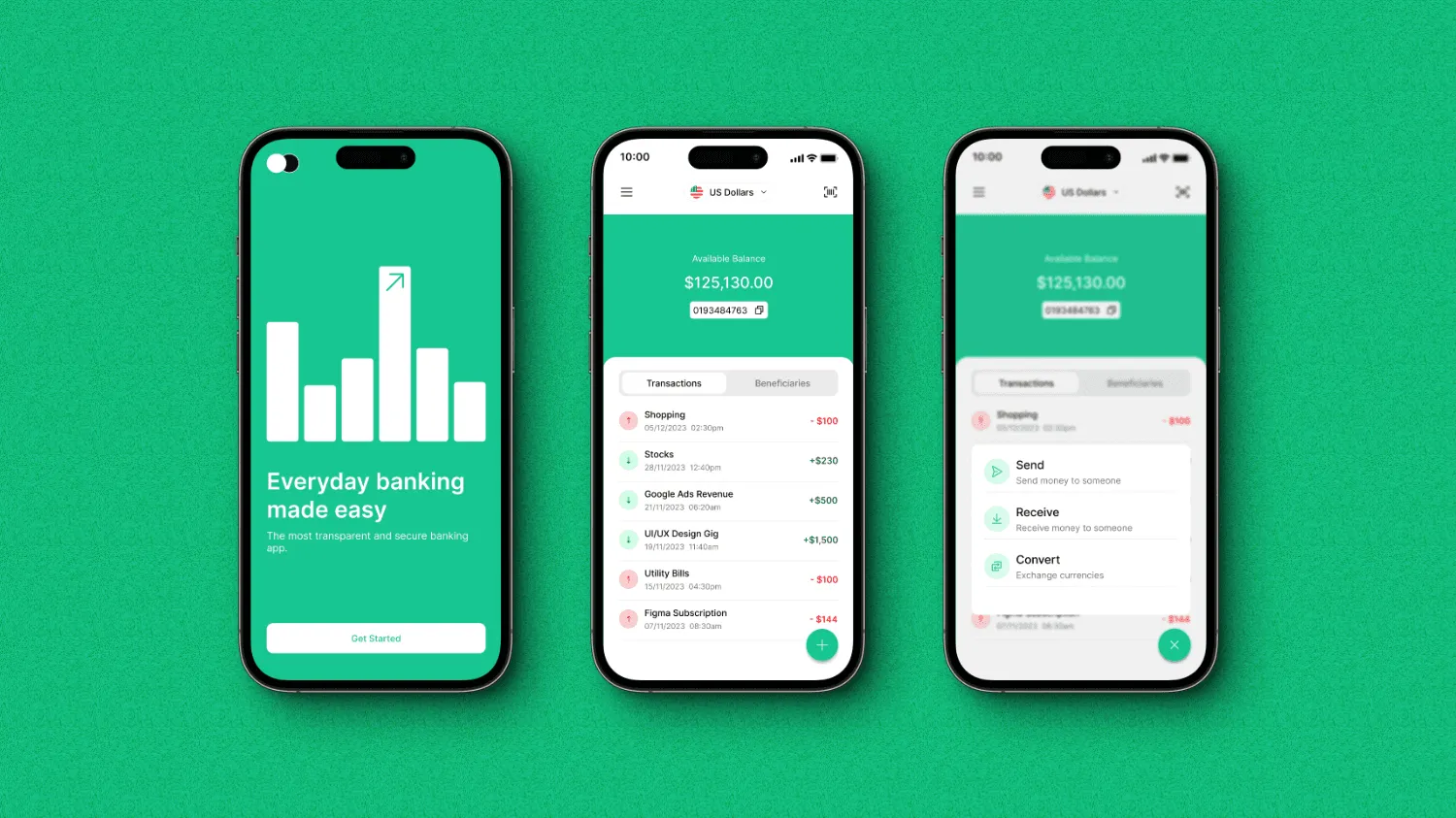 Everyday banking: Account overview, a readable transaction ledger and a quick-action sheet for send / receive / convert.