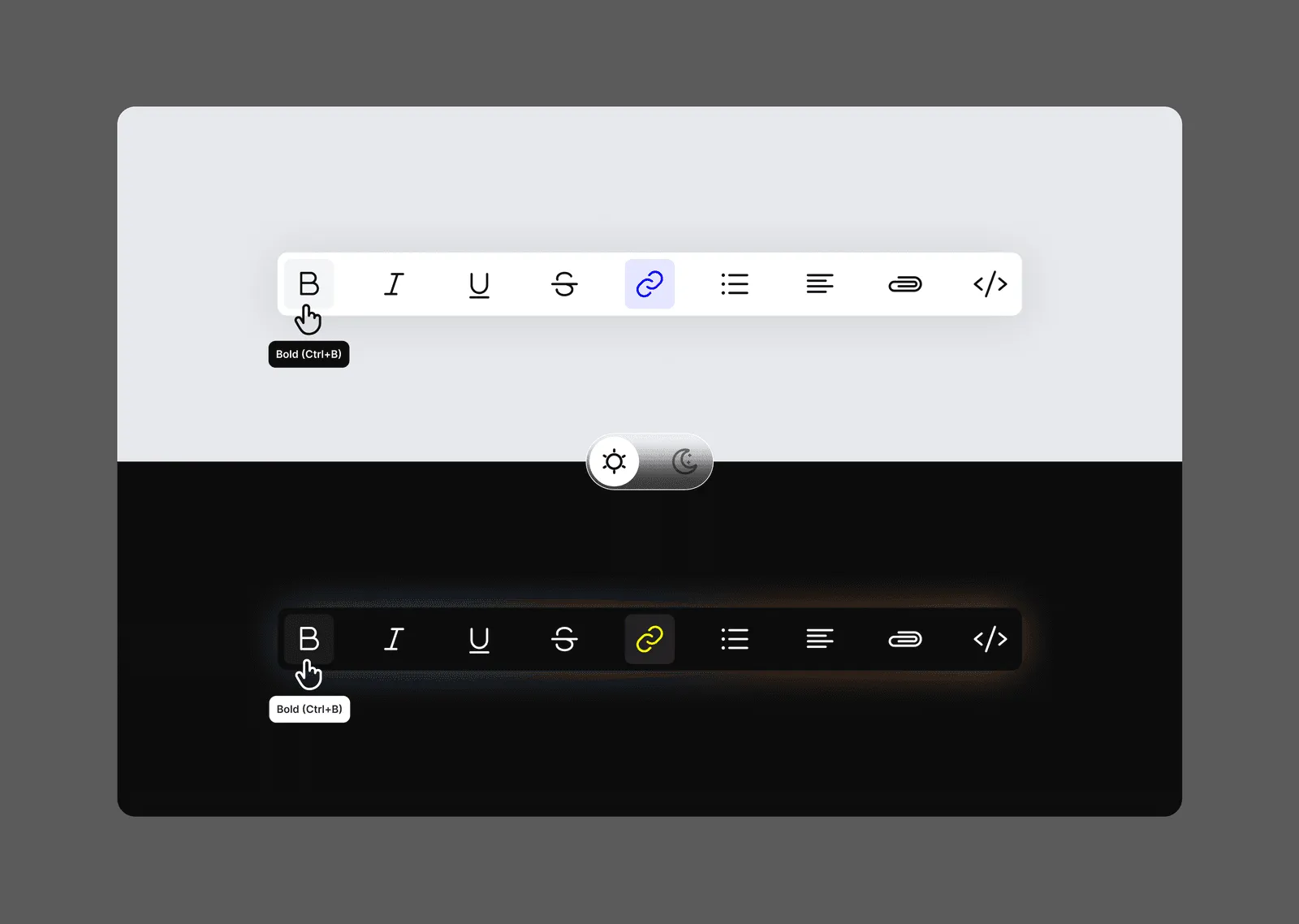 Text toolbar: A rich-text formatting bar worked out for light and dark themes side by side.