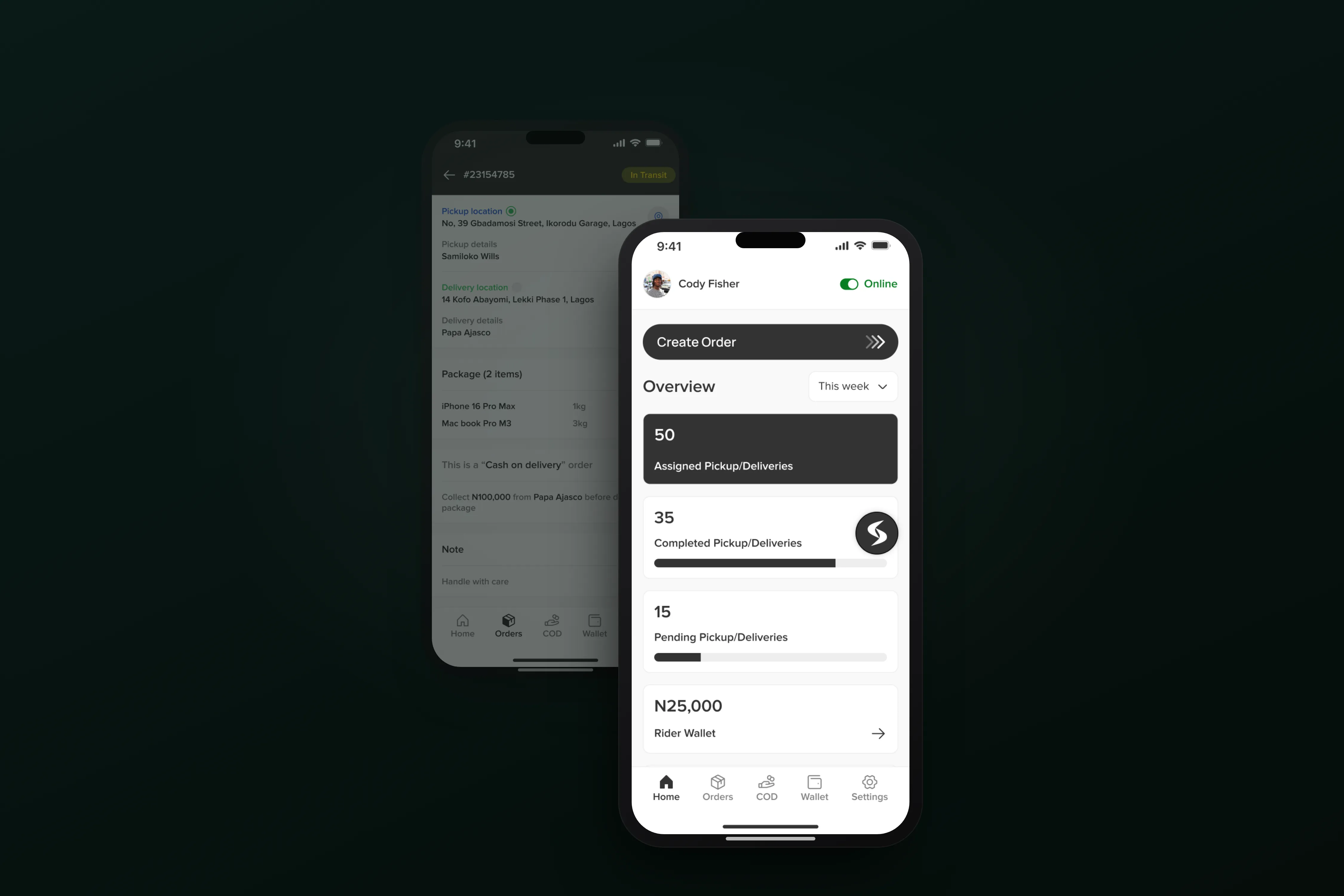 Shippa shown on two overlapping phones: the rider home screen in front and an in-transit order behind