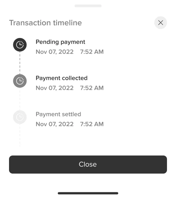 Shippa transaction timeline: pending payment, payment collected, payment settled