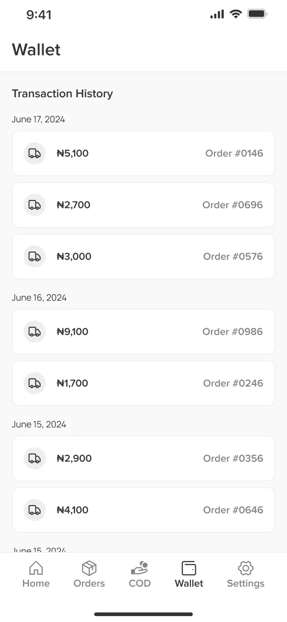 Shippa wallet with a transaction history of completed orders