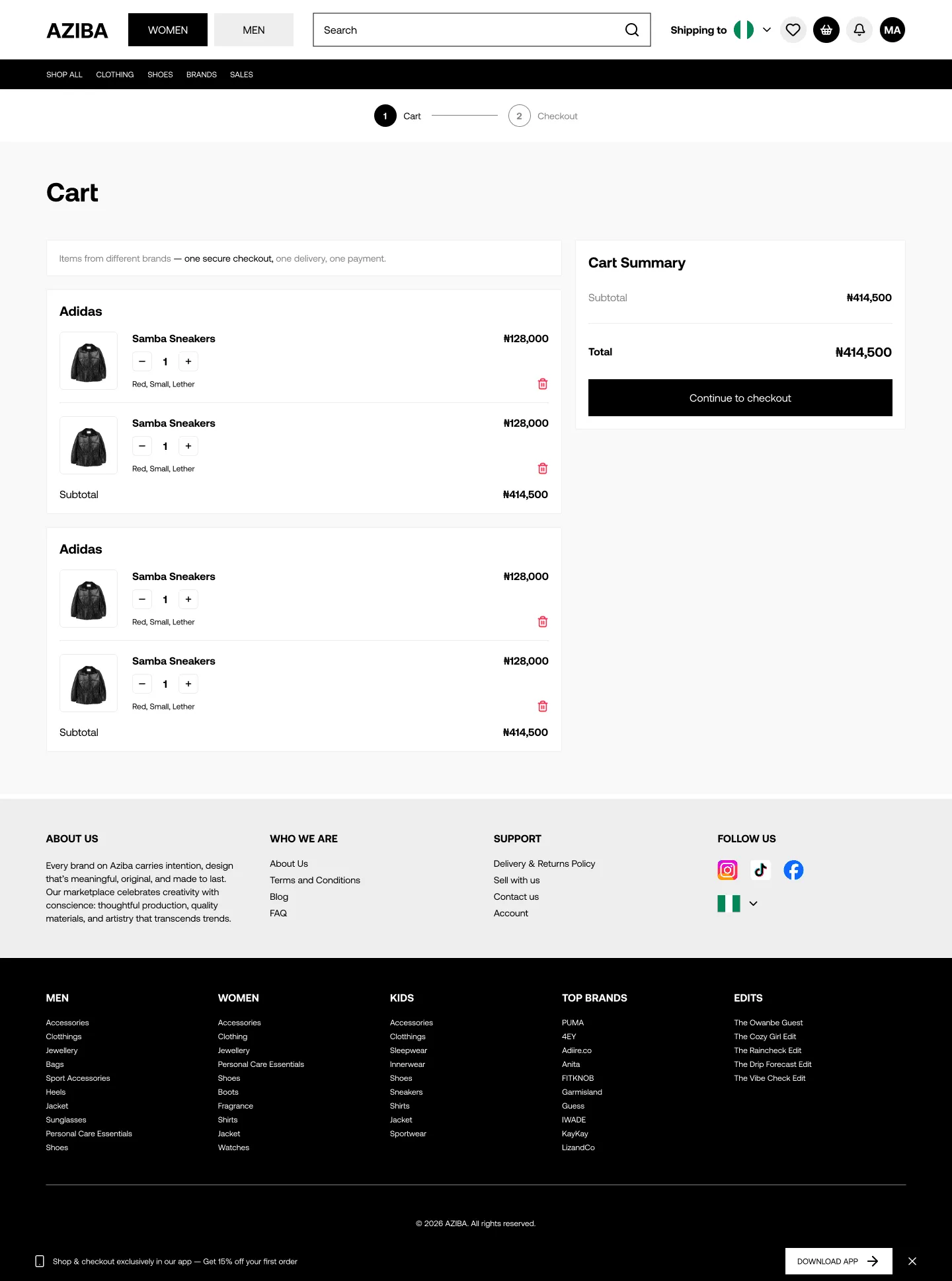 AZIBA web bag grouped by brand with a subtotal for each brand