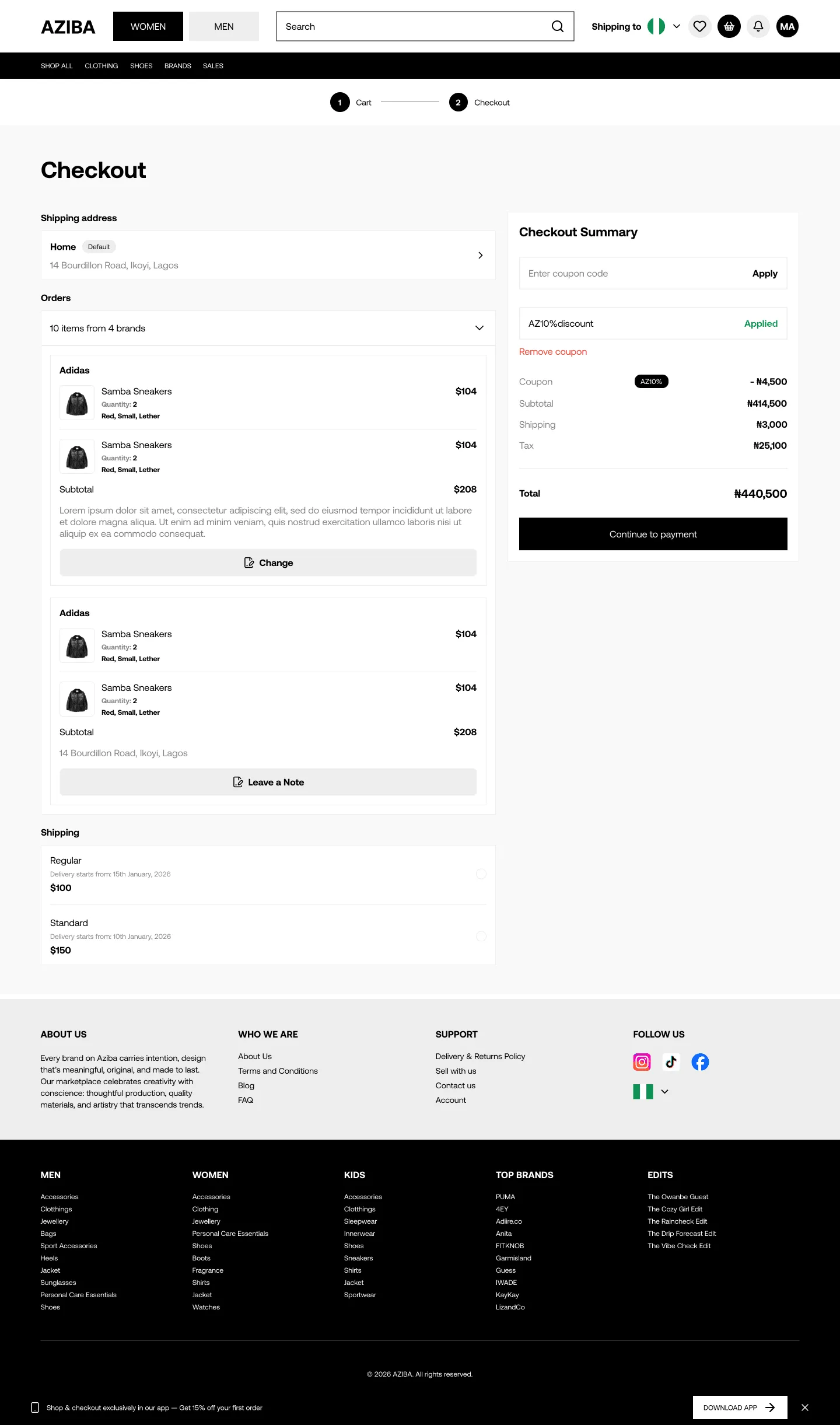 AZIBA web checkout with a multi-brand order summary, coupon field and shipping options