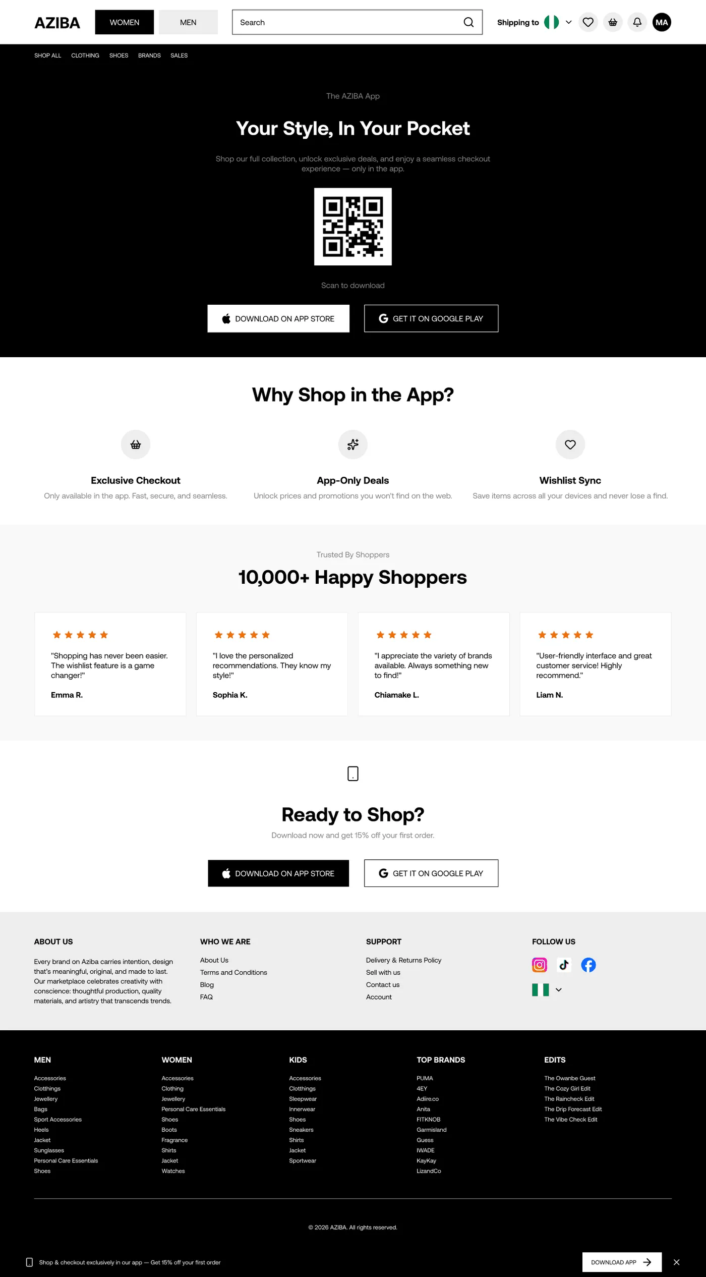 AZIBA Get the App page explaining the native features shared with the web store