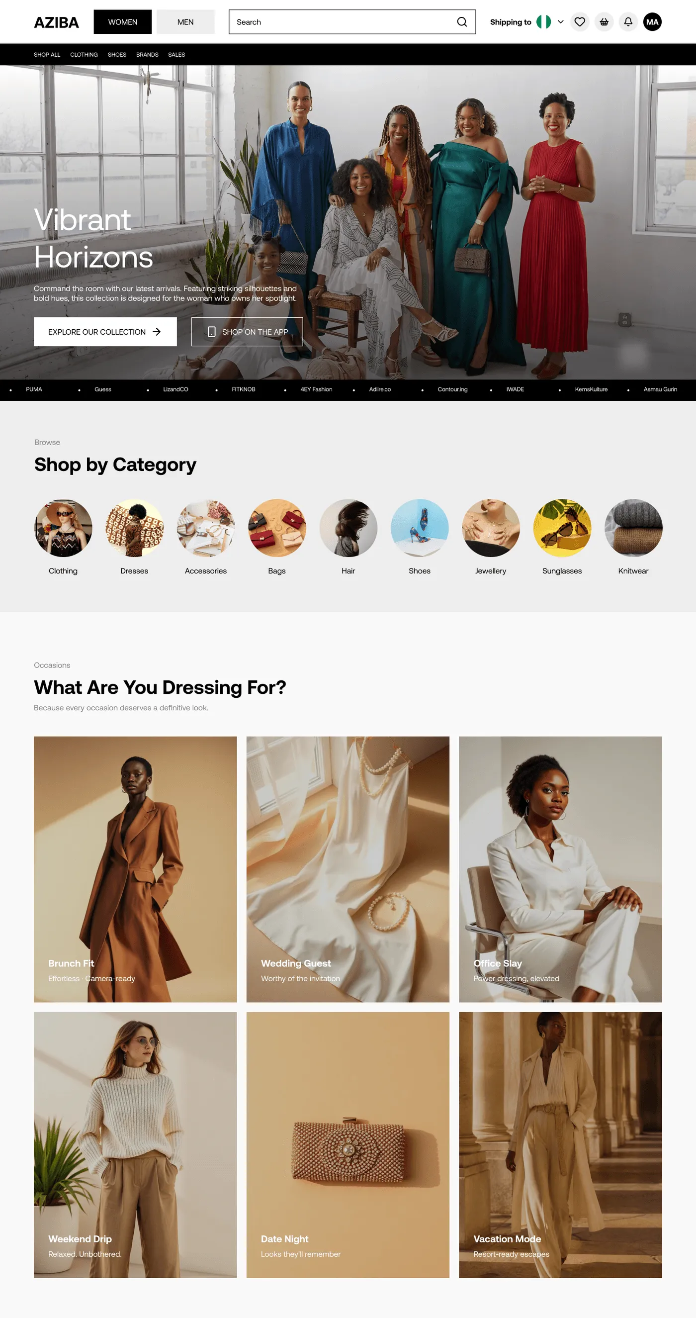AZIBA web homepage with an editorial hero, a brand row, shop-by-category and occasion edits