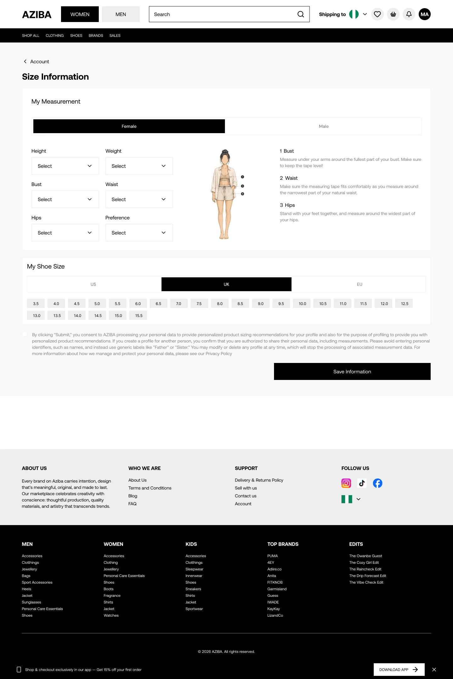 AZIBA measurement profile page with body-measurement inputs and an illustrated how-to-measure guide