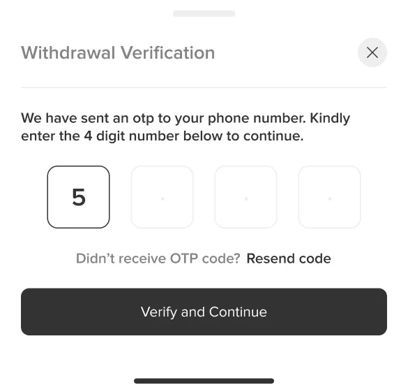 Shippa withdrawal OTP verification screen