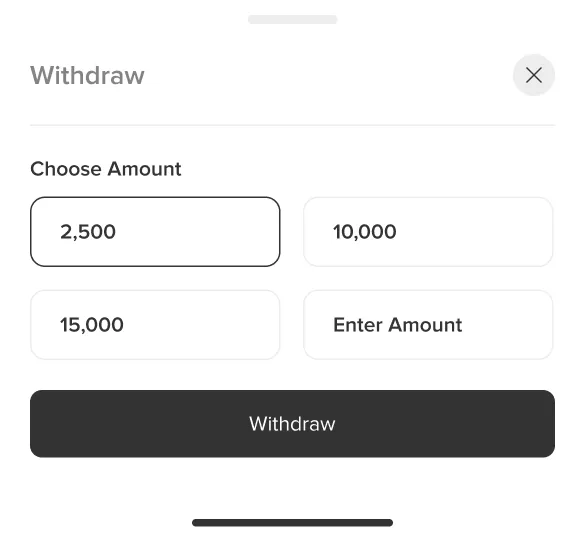 Shippa withdraw screen with preset and custom amount options